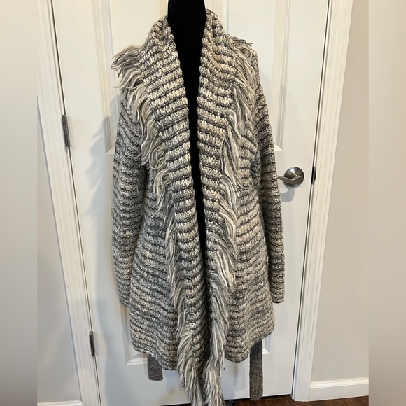 Tory Burch Sweaters - Tory Burch Gray/Black/Cream Striped Cardigan with Fringe and Belt - Size Small